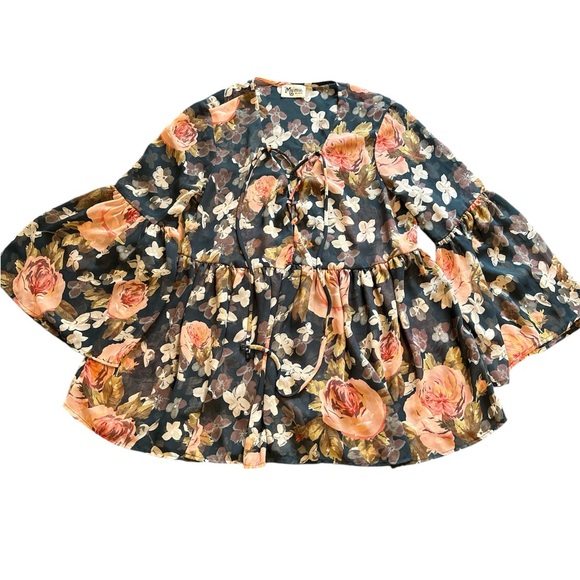 Show Me Your Mumu Teal Sheer Floral Lace up Front Peplum Cottagecore Blouse Sz M - Picture 4 of 15